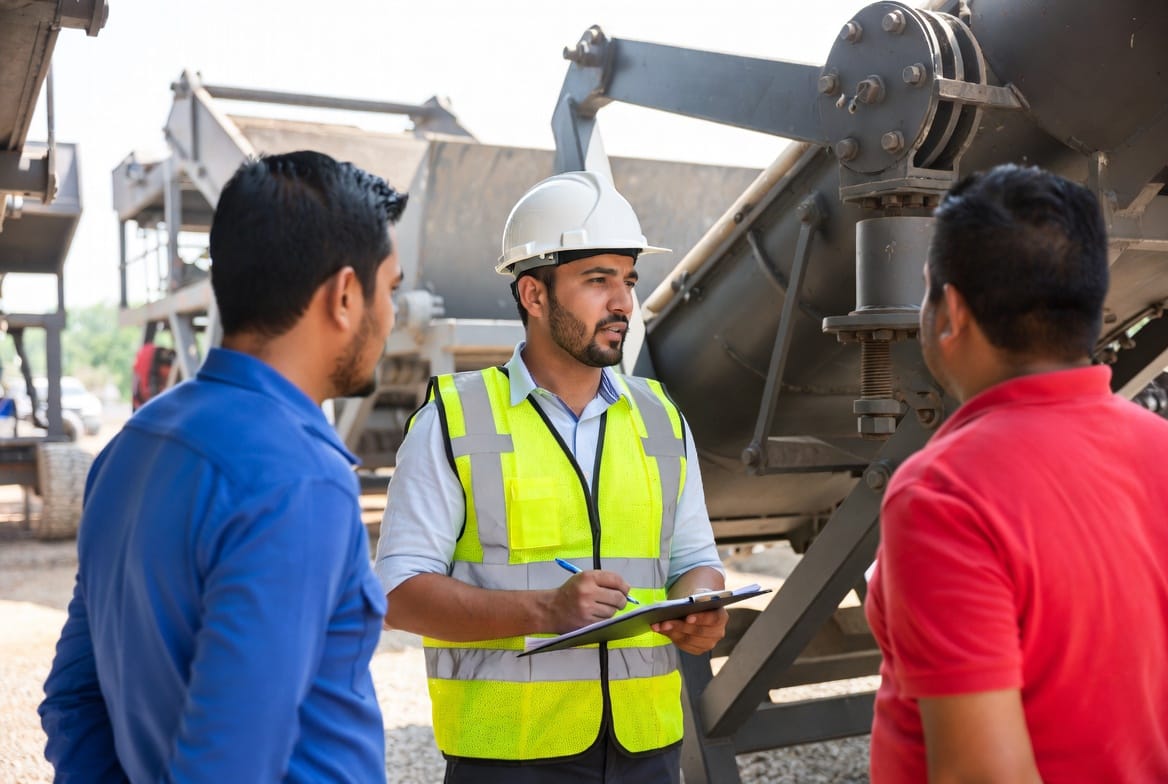 engineer inspecting screening and feeder parts at industrial site